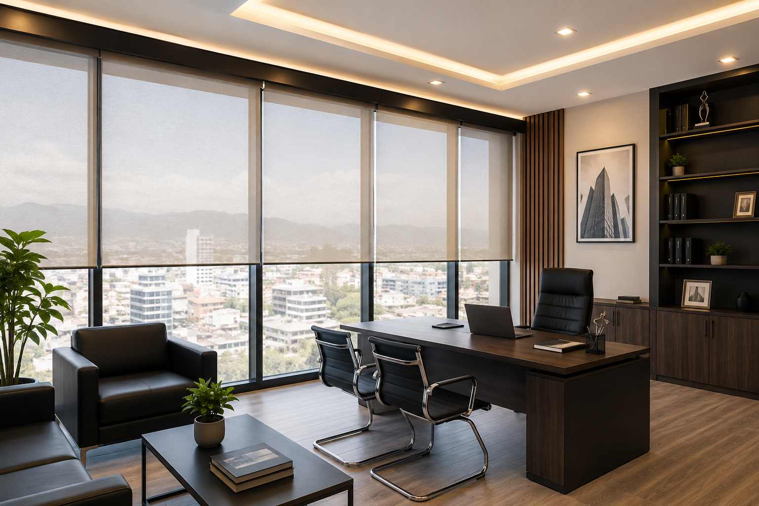 Cortinas para Oficinas en Riobamba | Guía Completa 2026 | CORTIMAX - CORTIMAX Blog Alt de imagen: Persianas Zebra y Roller Screen instaladas en oficina moderna en Riobamba Ecuador.