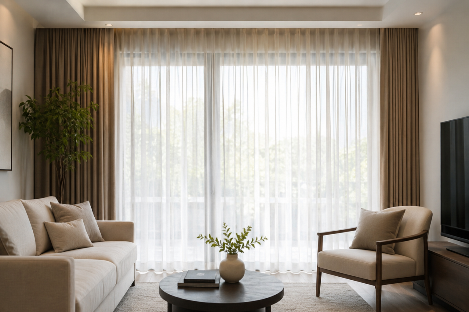 Velos para Cortinas: Elegancia, Luz y Confort para tu Hogar - CORTIMAX Blog "Velos para cortinas modernas en sala de estar, permiten luz natural, privacidad y elegancia para hogares y hoteles en Riobamba Ecuador."